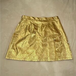 Lili Sidino Gold Metallic Faux Leather Mini Skirt | Crinkle Foil A-Line Small